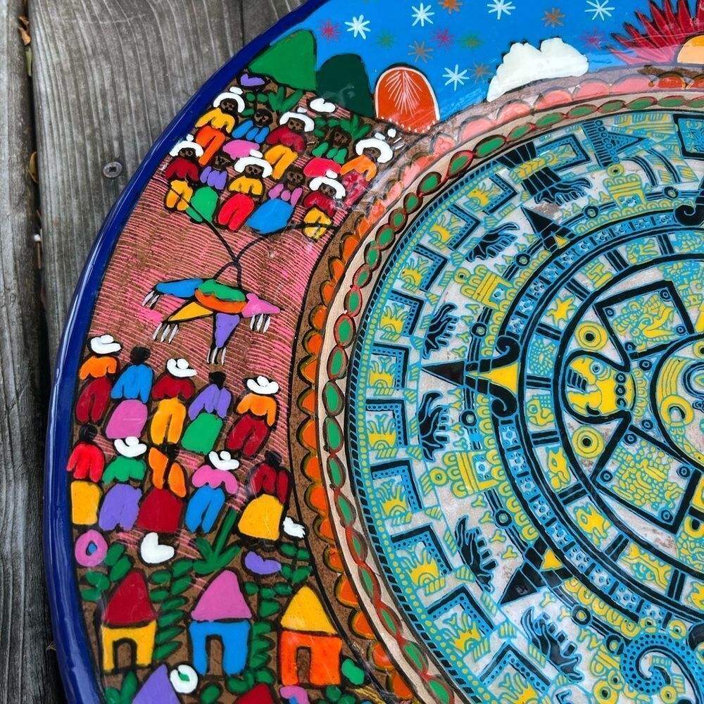 Mexican Folk Art Plate Terracotta Pottery Wall Hanging Hand Painted 16” - Picture 14 of 16